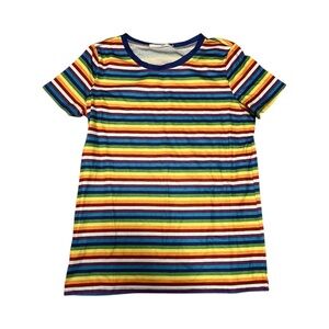 Women’s Rainbow Striped Slim Fitting Casual Short Sleeve Pullover T-shirt, Sz S